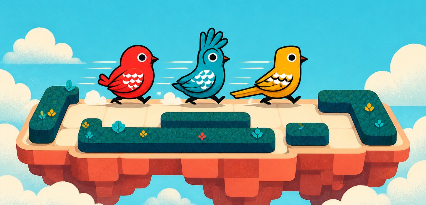 Three flat-illustrated birds — a round red one, a crested blue one and a long-tailed yellow one — sliding together across a floating sky island of cream stone and dark green hedges.