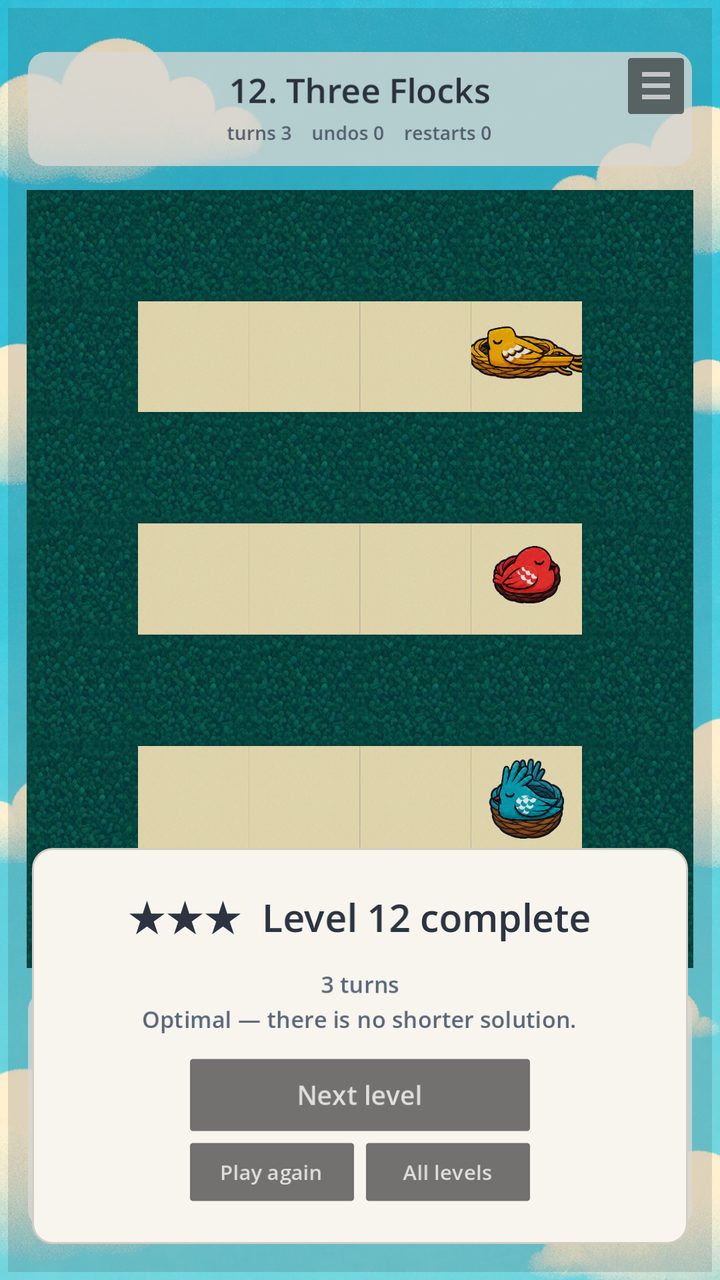 A completed level with a panel reading three stars, Level 12 complete, three turns, optimal — there is no shorter solution.