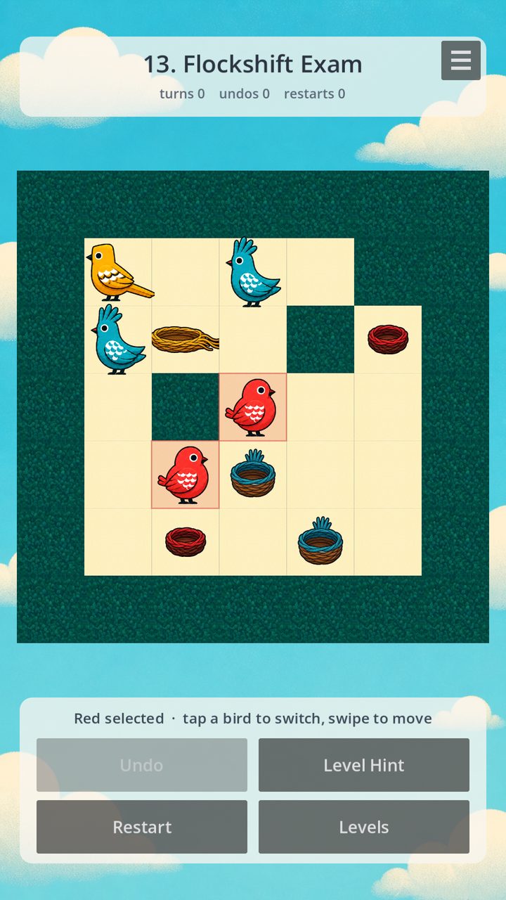 A seven-by-seven board with red, blue and yellow birds and their matching nests scattered among hedge blocks.