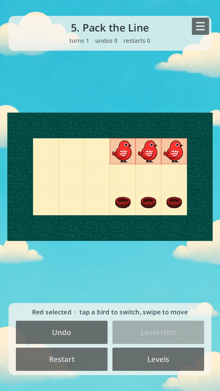 The same three red birds now packed tightly against the right-hand wall in a single turn.