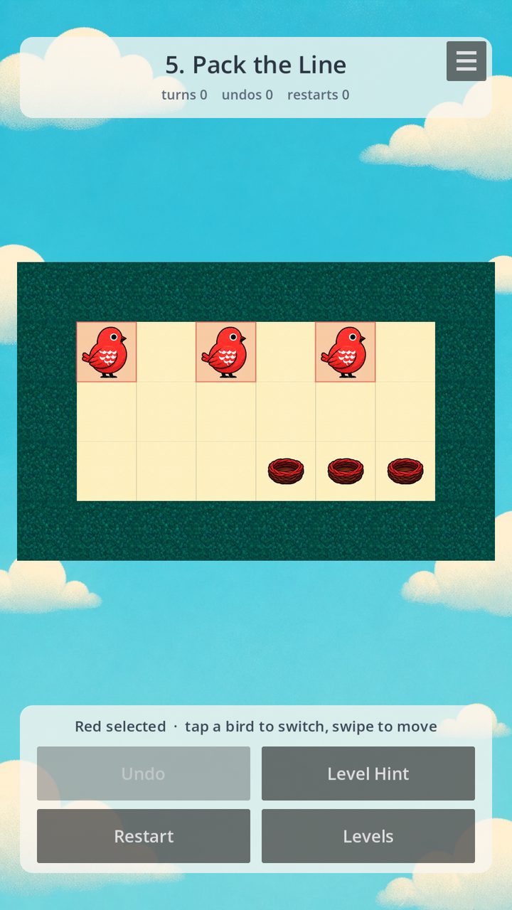 Three red birds spread along the top row of a six-by-three board, with three red nests below on the right.