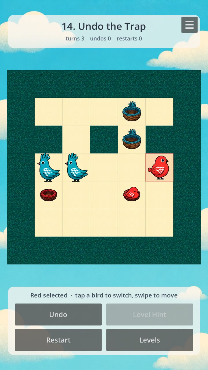 A board part-way through level 14, Undo the Trap. Undo is available and Level Hint has greyed out because the board has been moved.